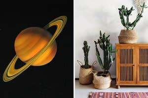 saturn on the left and a wooden side table with cacti on it on the right