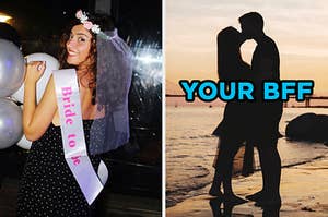 On the left, someone wearing a veil and a sash that says, "Bride to be," and on the right, two people kissing on the beach labeled "your bff"