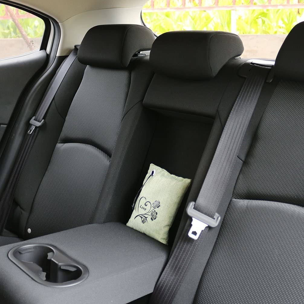 An air purifying bag sitting on a back car seat