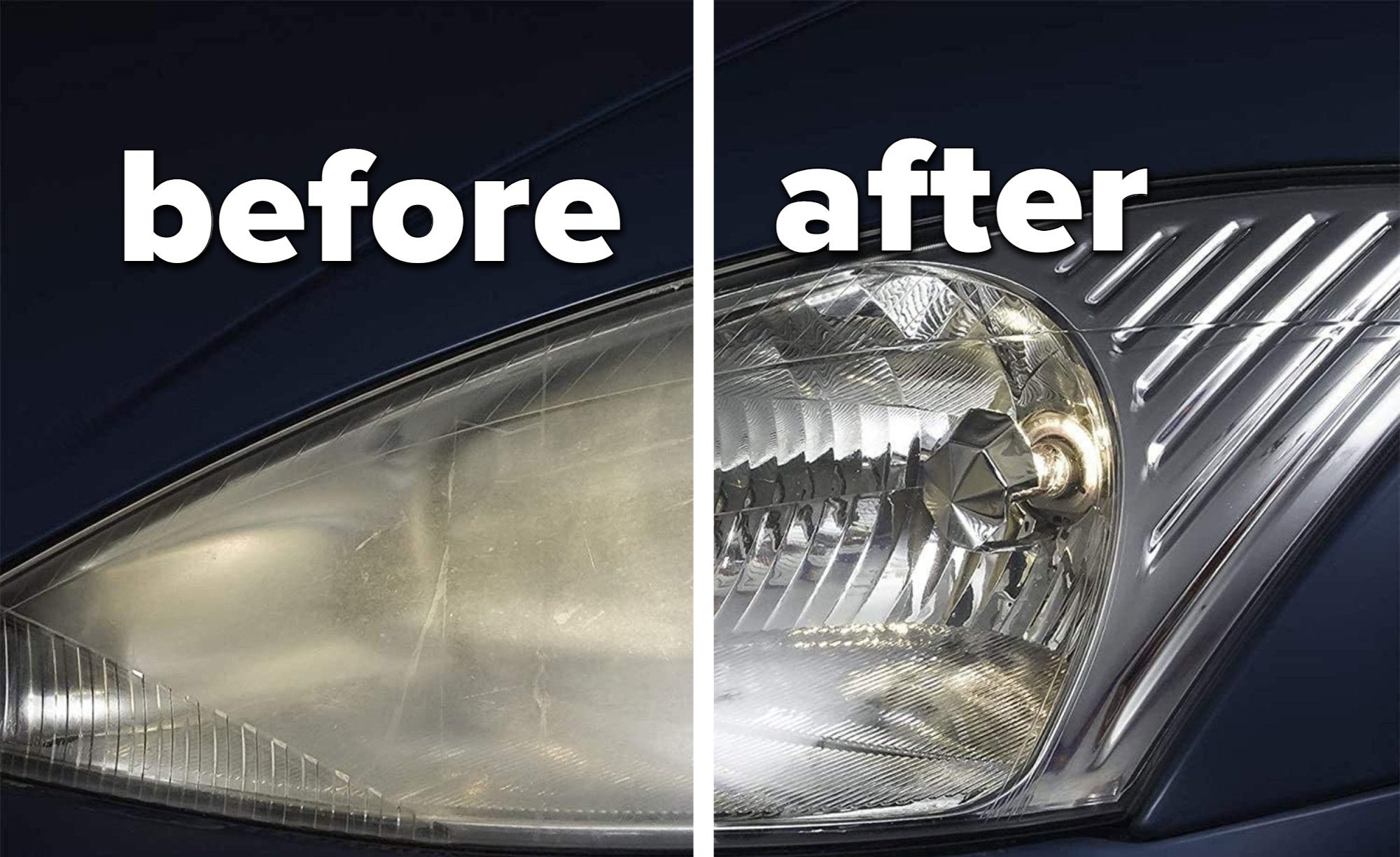 A before image of a dirty headlight and after image of it looking clean