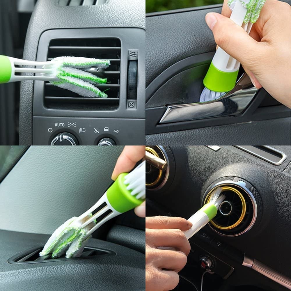 Four pictures of a person using the tool to clean car vents