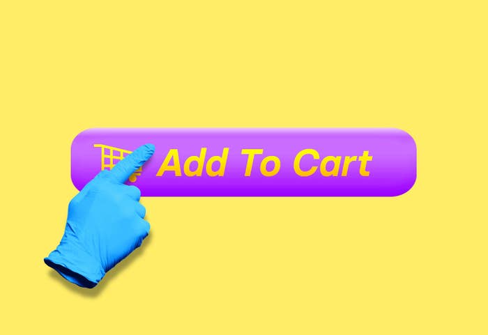 An illustration of a hand with a latex glove taps a button that says &quot;Add To Cart&quot;