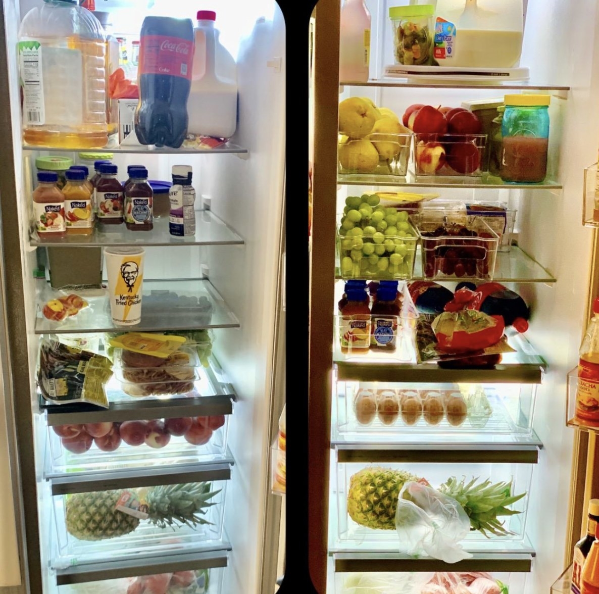 a before and after of a messy fridge before using the bins, and an organized fridge after using the bins