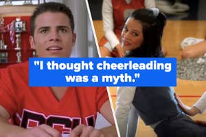 A cheerleader looking shocked and a cheerleading performing with text, "I thought cheerleading was a myth"