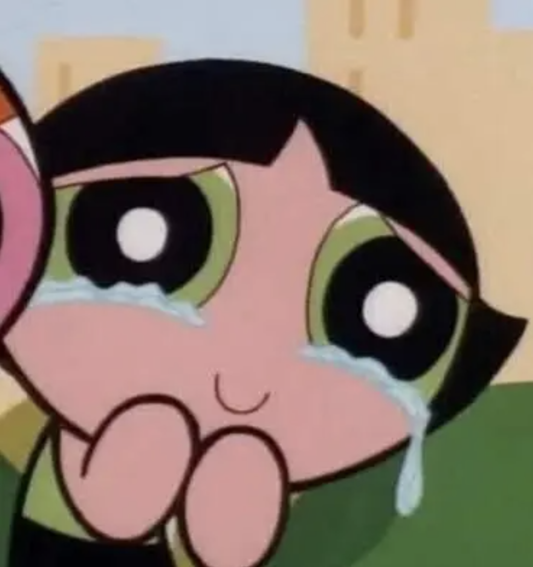 Buttercup from the animated show The PowerPuff Girls crying with joy