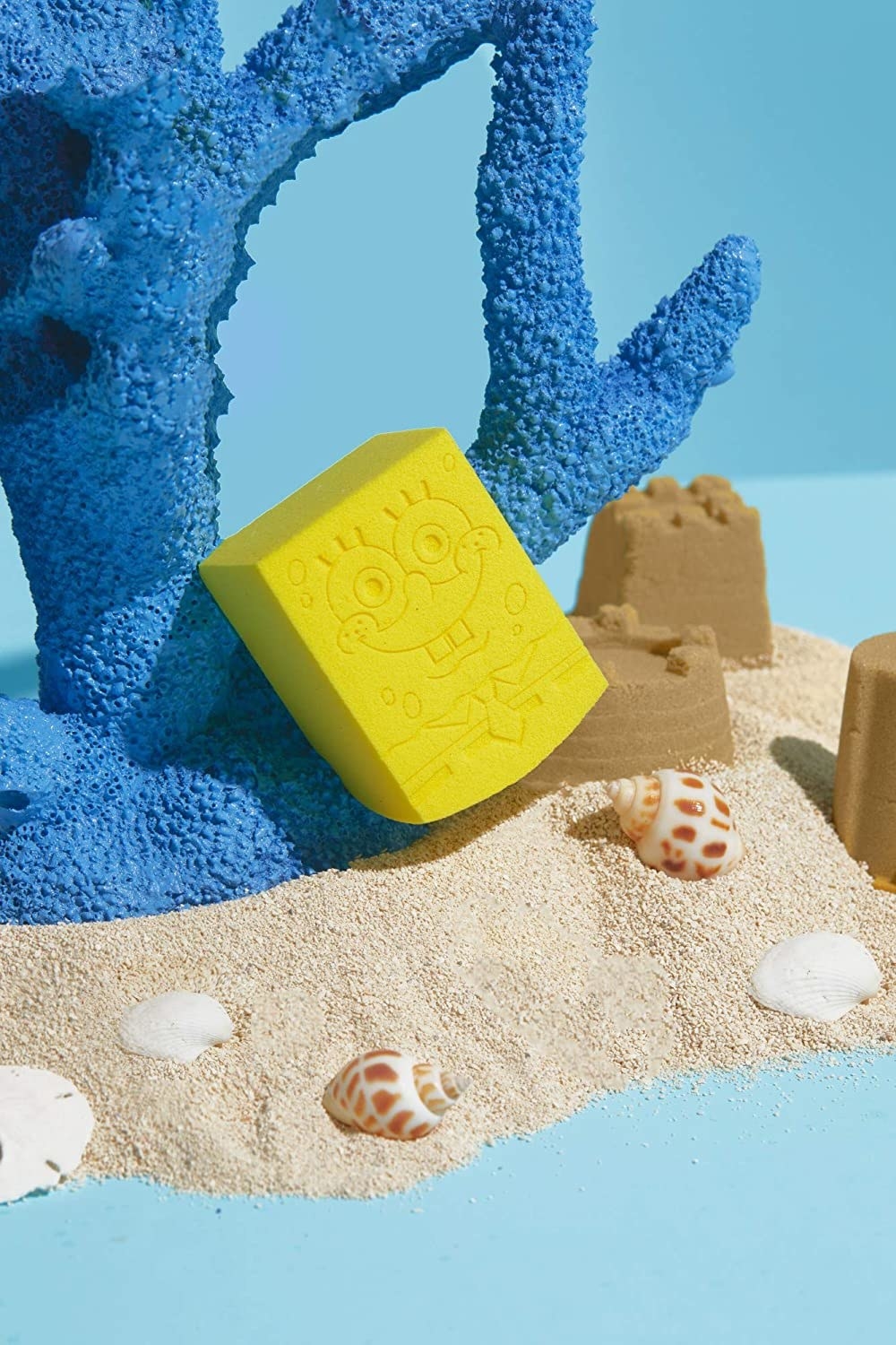 SpongeBob Squarepants makeup sponge placed on beach-themed background