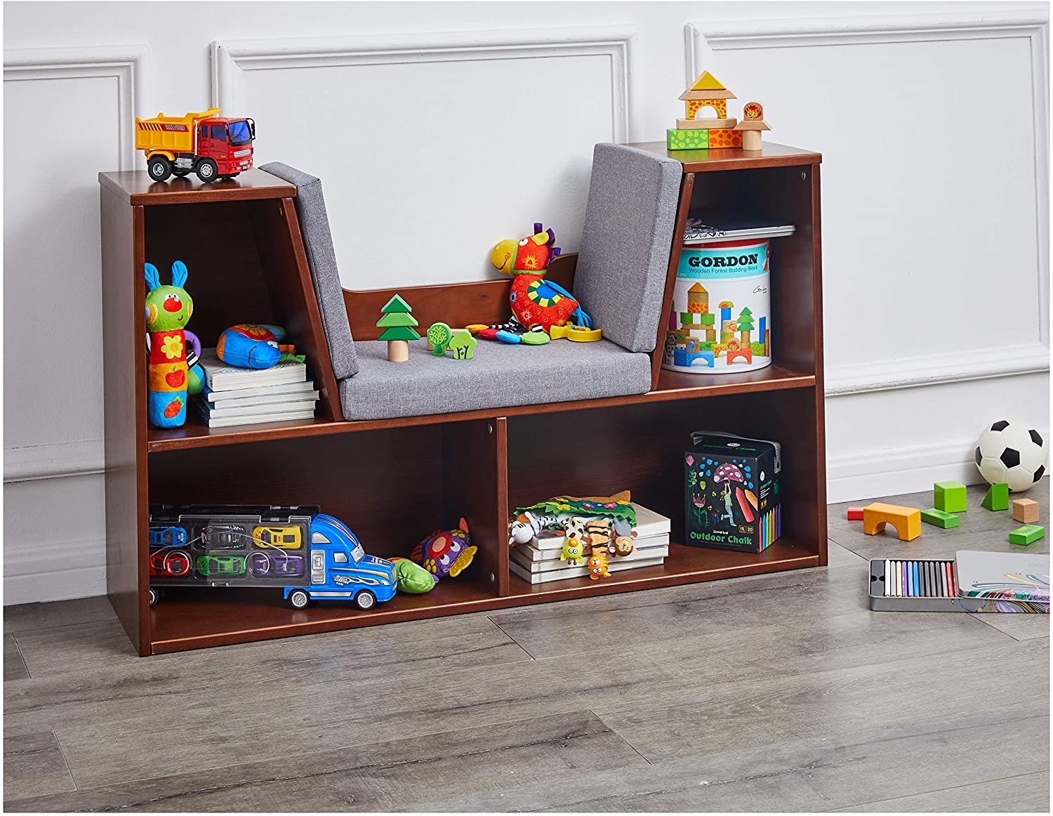 the reading nook with toys in the bins
