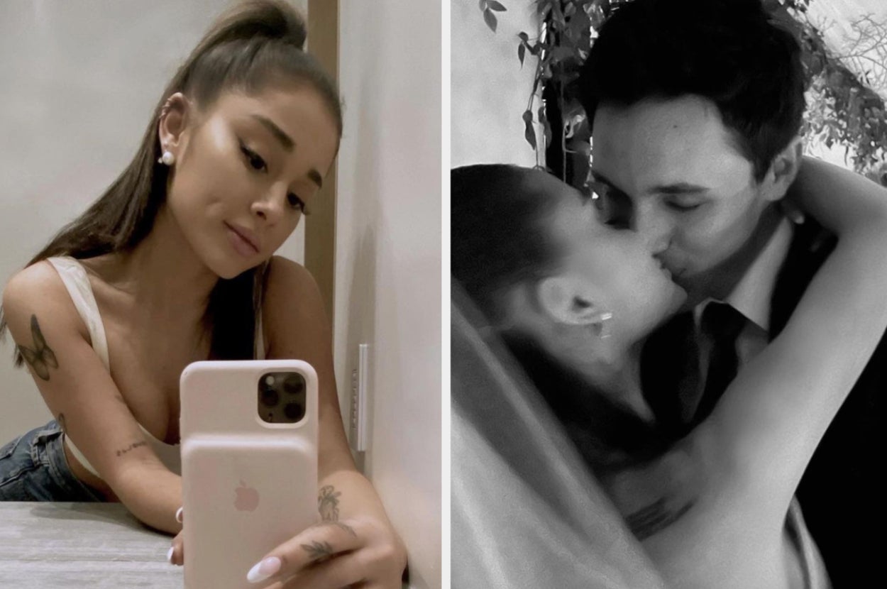 A bathroom selfie of Ariana Grande and a picture of her kissing Dalton Gomez at their wedding