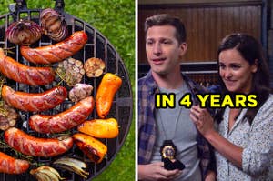 On the left, a grill with sausages and veggies cooking on top, and on the right, Jake and Amy from "Brooklyn Nine-Nine" labeled "in 4 years"