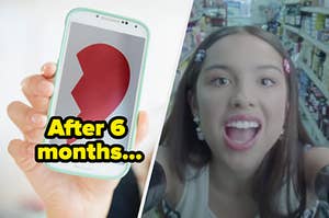 A phone is on the left displaying a broken heart labeled "After 6 months" with Olivia Rodrigo screaming on the right