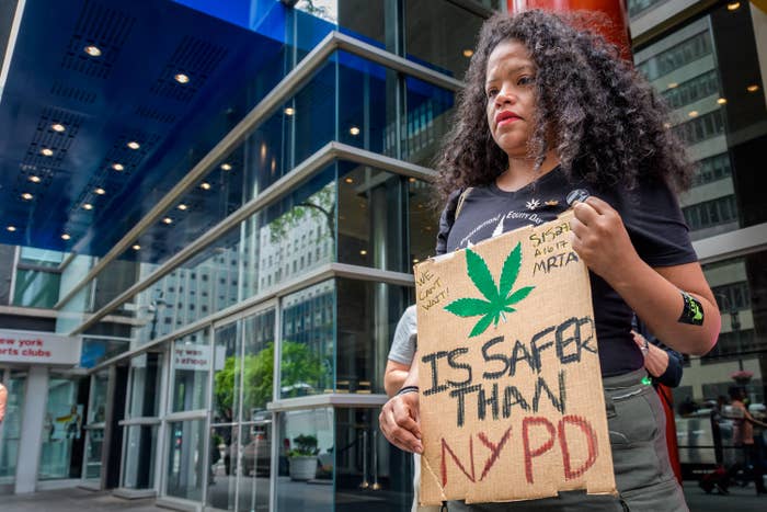 An image of a cannabis activist holding a sign at a protest that says, &quot;Cannabis is safer than NYPD&quot;