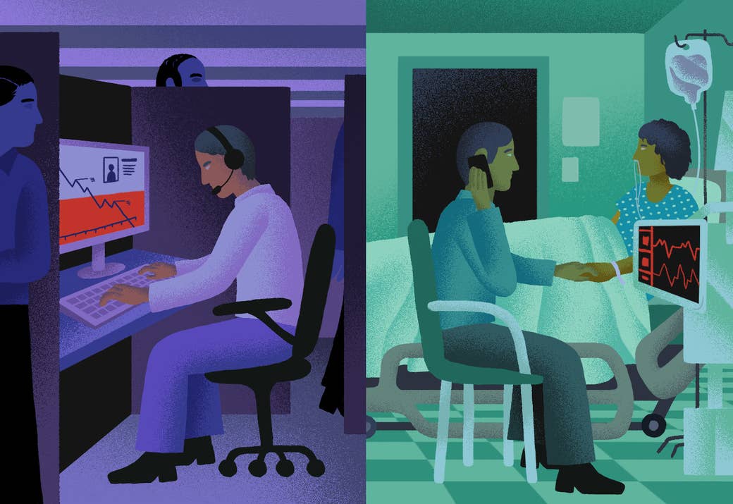 Illustration of a person in an office at a computer and one with a cellphone at a person&#x27;s bedside