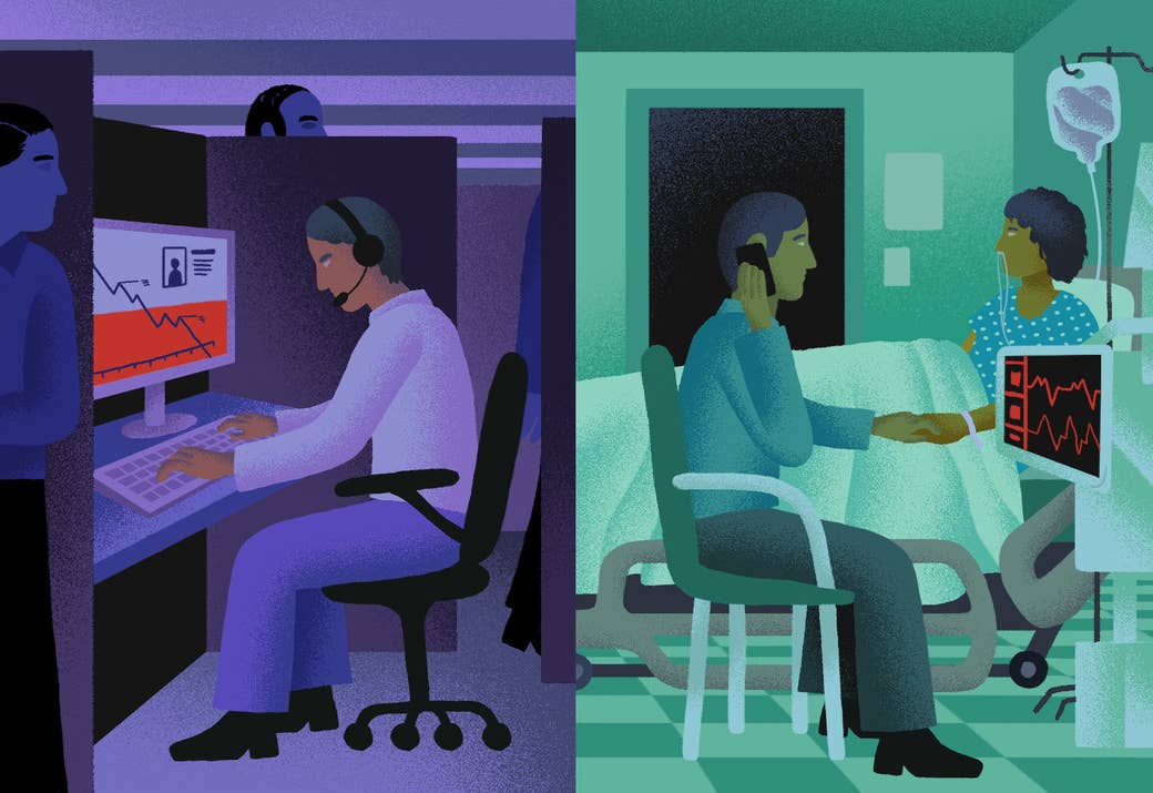 Illustration of a person in an office at a computer and one with a cellphone at a person's bedside