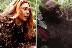 Wanda Maximoff and Sam Wilson turn to dust after being snapped in the movie "Avengers: Infinity War."