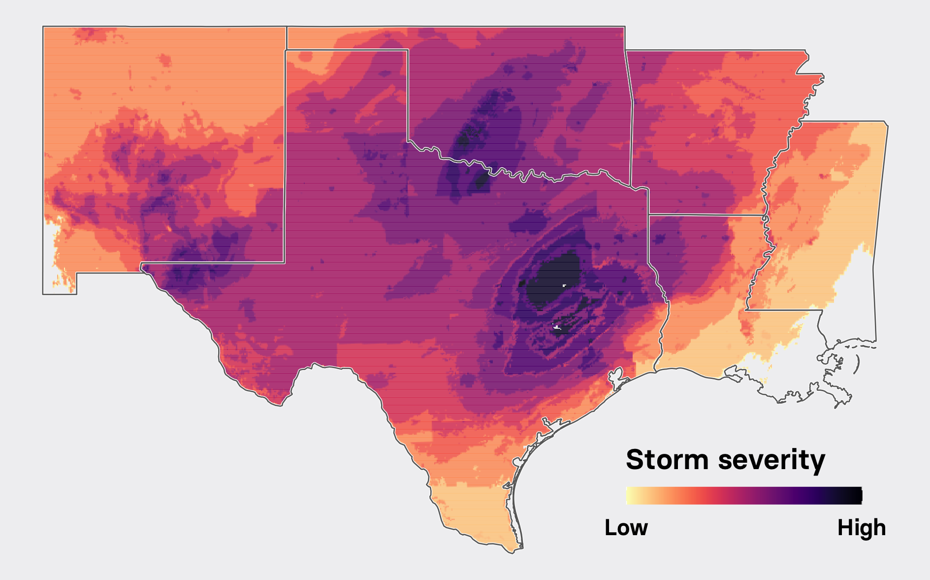 A meteorological forecast shows that a winter storm&#x27;s severity affected eastern Texas and surrounding states