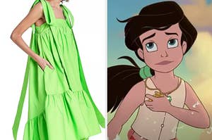 On the left, someone wearing a flowy dress with long ties at the shoulders, and on the right, Melody from "The Little Mermaid 2"