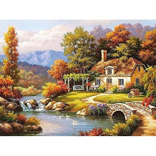 Quaint oil painting scenery of a house by the river