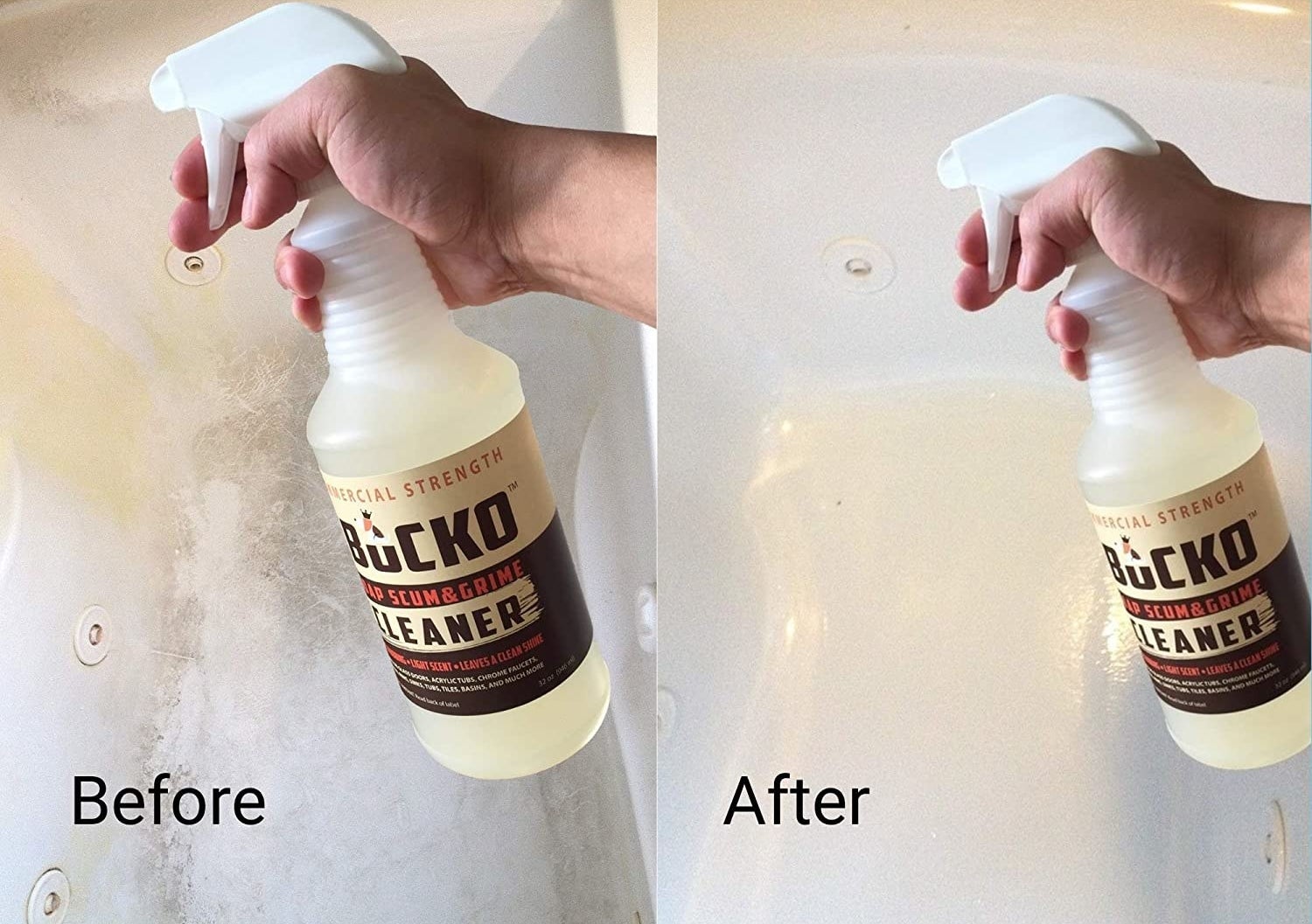 A before an after photo with a hand spraying the product on a soap scum-filled tub on one side, and then the tub completely clean on the other