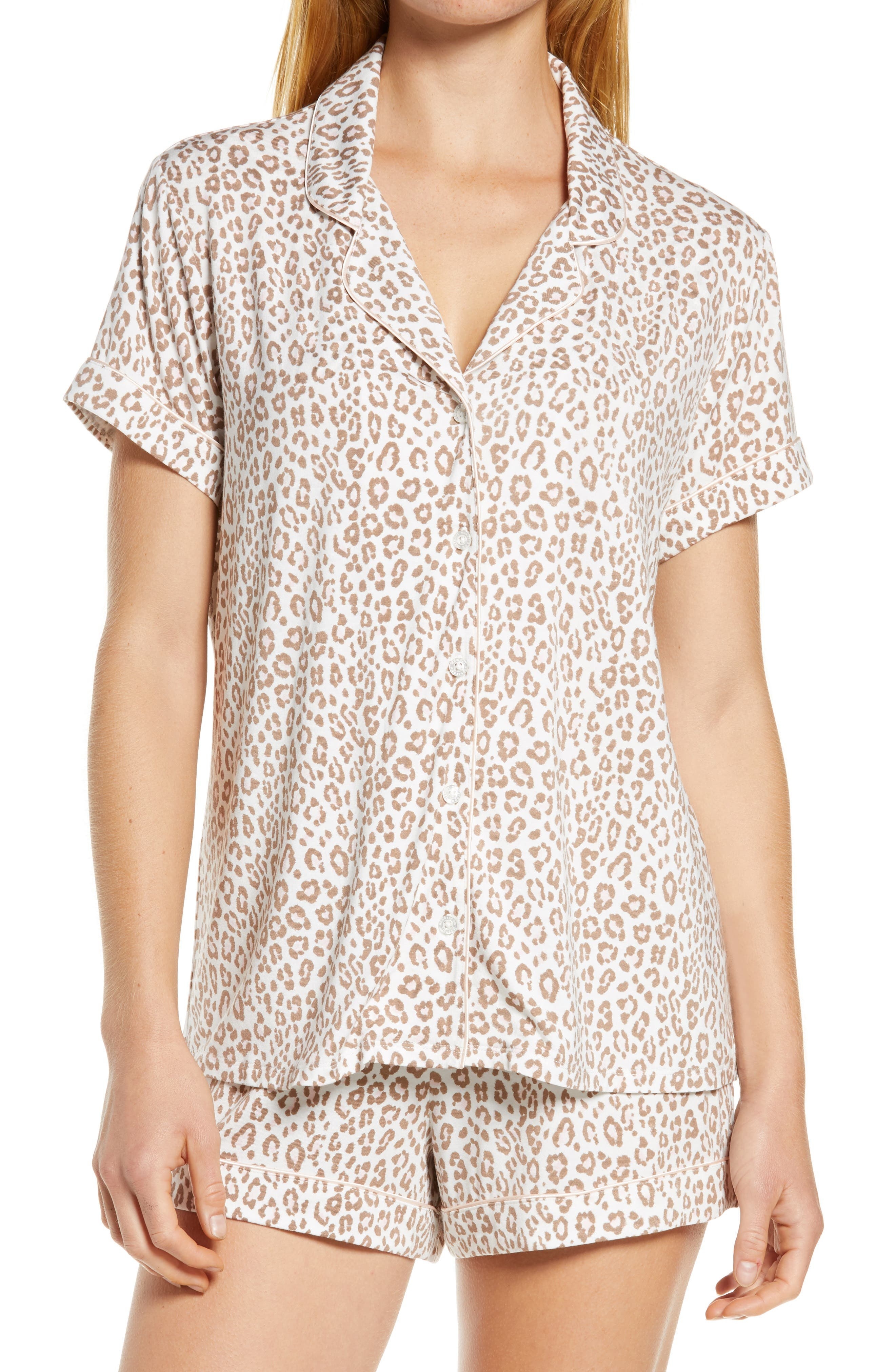 Model is wearing a white leopard print pajama short set