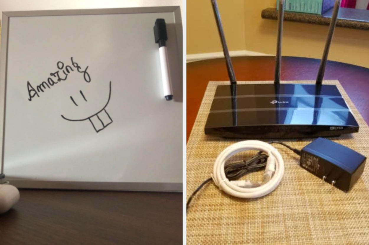 a white board with a smiley face drawn on it and the word "amazing" and a WiFi router with its attachments. 