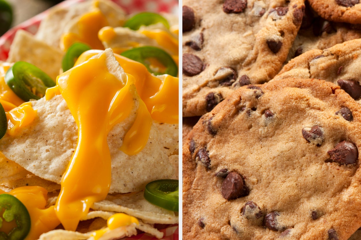 Nachos oozing with cheese; chocolate chip cookies