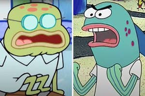 On the left, Old Man Walker from "SpongeBob," and on the right, Harold the fish from "SpongeBob"