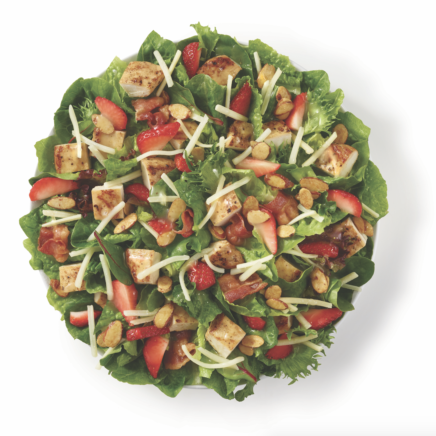 Top-down shot of Wendy&#x27;s Summer Strawberry Chicken Salad.