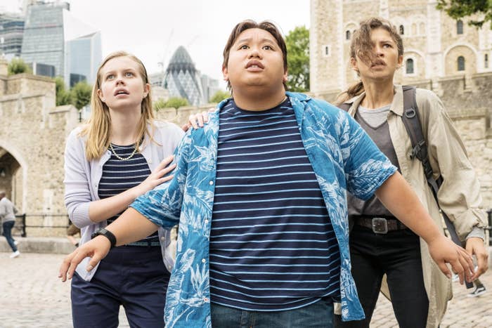 Angourie Rice, Jacob Batalon, and Zendaya in Spiderman: Far From Home, standing together in casual clothing looking like they see something pretty scary in front of them
