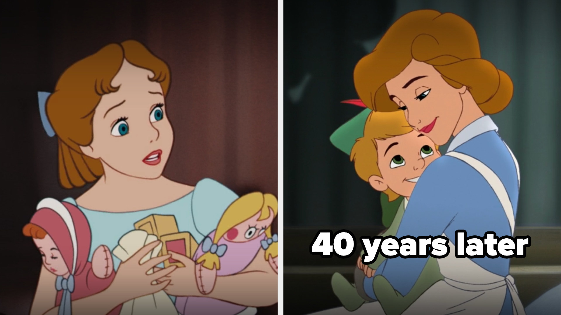 Wendy as a kid, then 40 years later with a young son