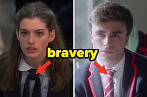 Two teens are dressed in a school uniform with "bravery" written and arrows pointing at their ties