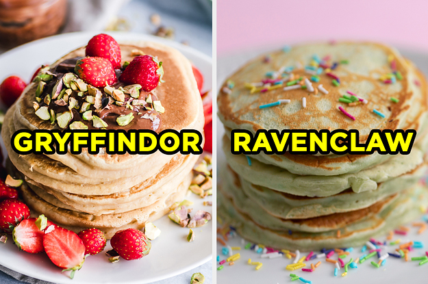 On the left, a stack of pancakes topped with Nutella, pistachios, and strawberries labeled 