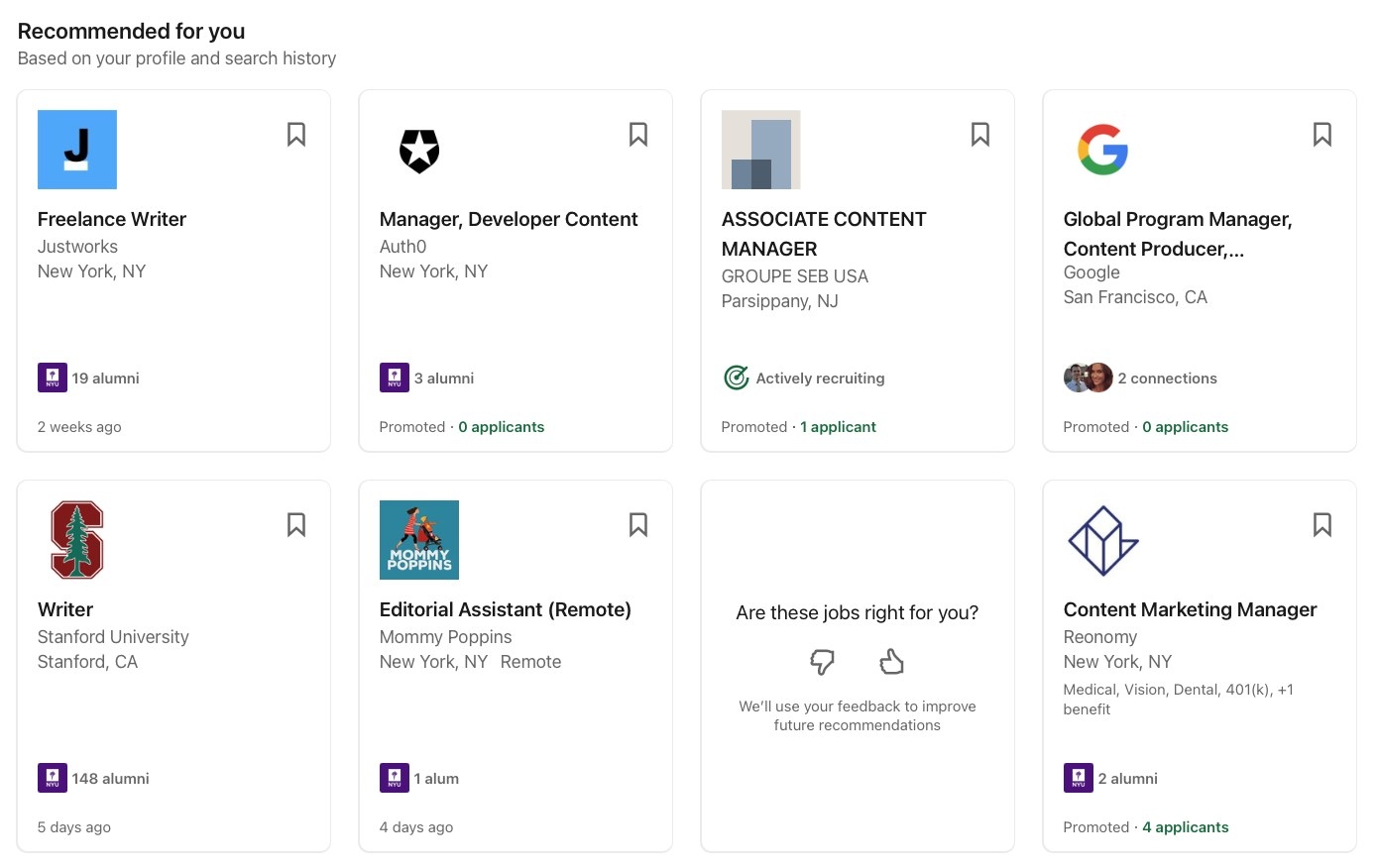 Screenshot of recommended jobs on LinkedIn