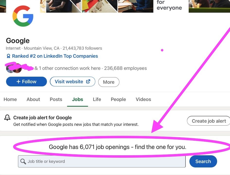 Screenshot of the number of job openings at Google