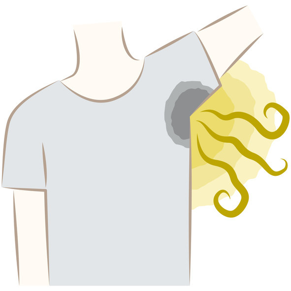 Illustration showing a raised arm with sweat stains and odor radiating from the armpit