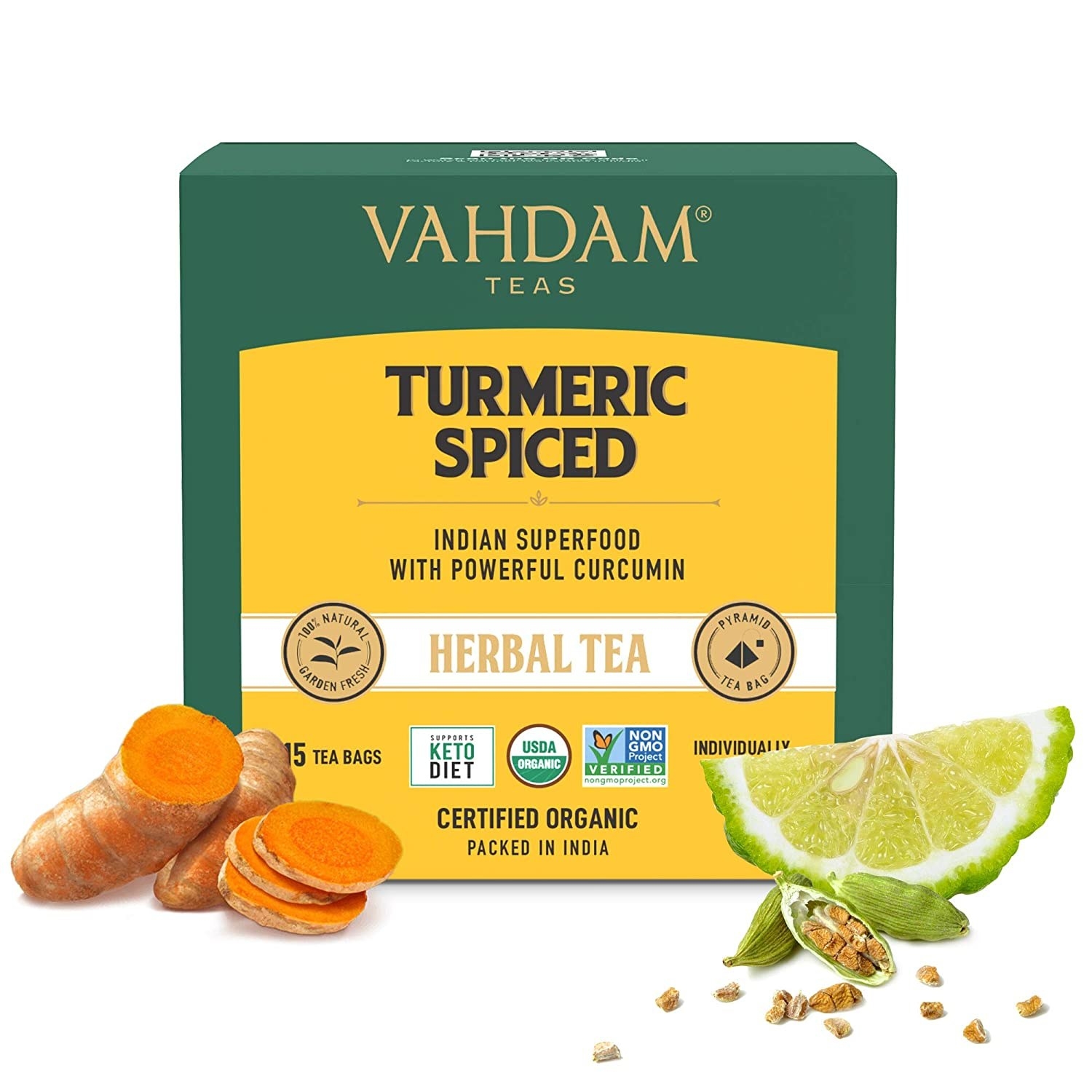 A box of Turmeric Spiced Tea from Vahdam.