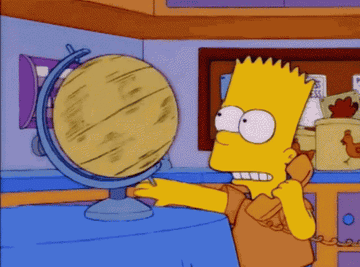 Bart Simpson spinning a globe and tapping his finger on Australia.