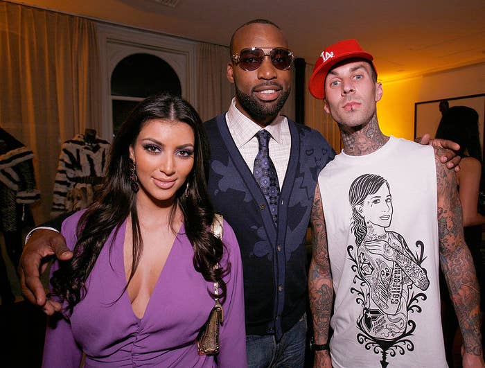 Kim Kardashian (from left), Baron Davis, and music recording artist Travis Barker attend the LA Stars kickoff event 