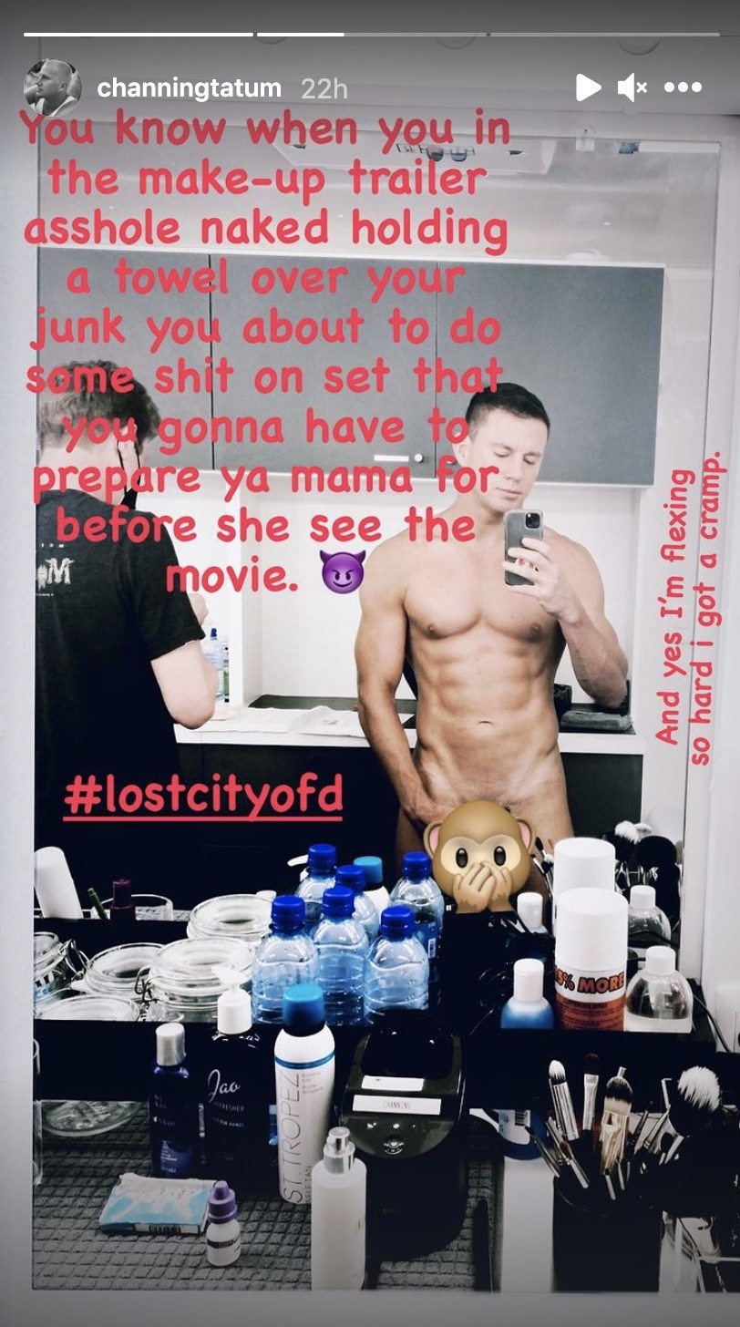 A mirror photo of Channing completely naked but covering his lower half with an emoji