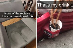 chair with a butt print and hair in a drink