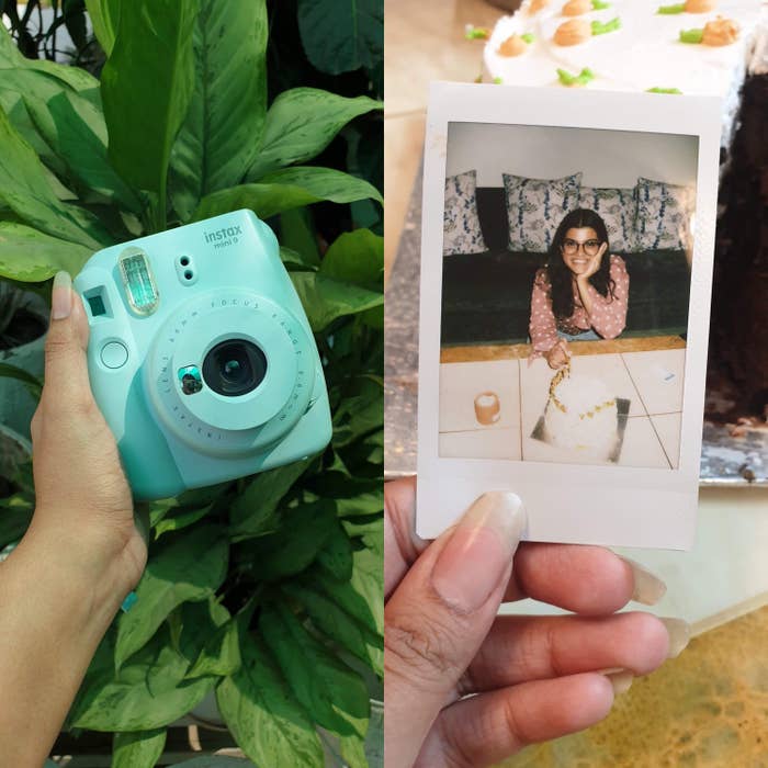 A two-picture collage of the Instax Mini 9 in an ice-blue colour and a polaroid photo of Shivani on a white-bordered film shot.