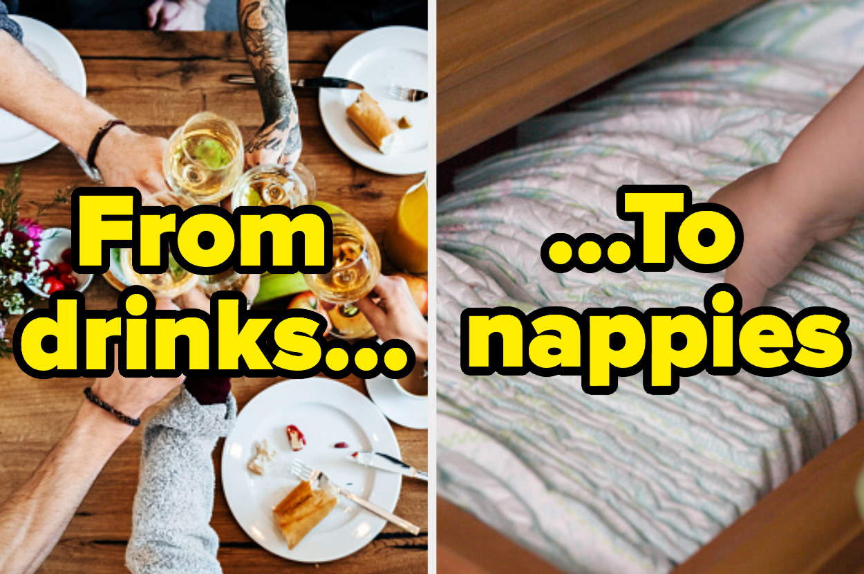 On the left, there is a photo of a toast with drinks, with the words &quot;from drinks...&quot; on top. On the right, there is a photo of a drawer of nappies with the words &quot;...to nappies&quot; on top.