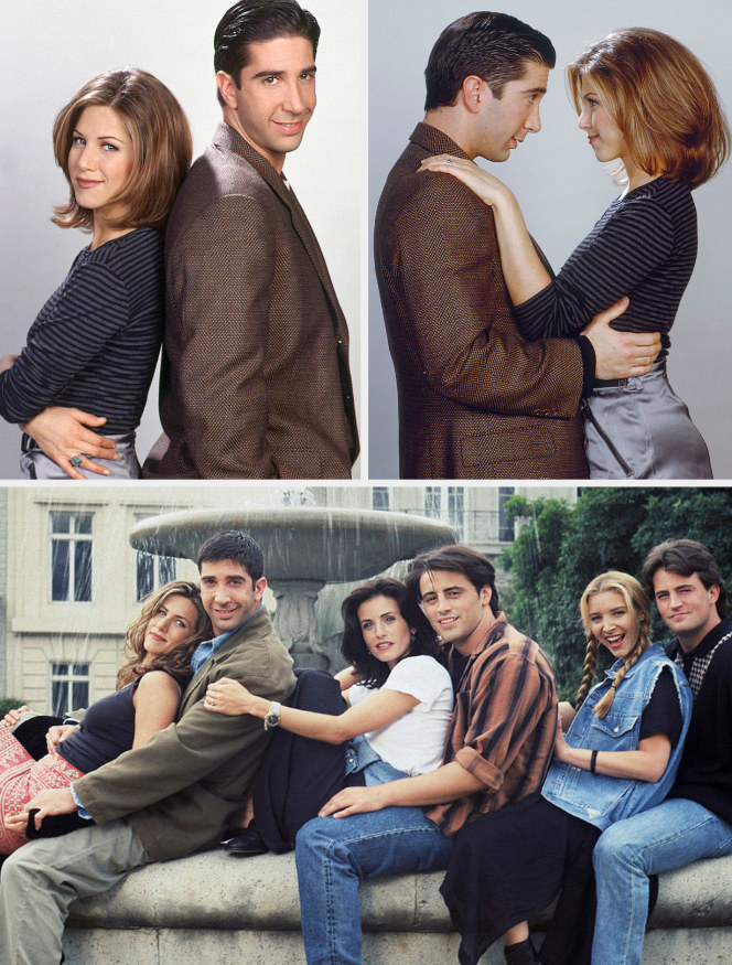 Jennifer Aniston and David Schwimmer posing together during Season 1/2 promo shoots, back to back, facing each other, and then one with the rest of the cast near the water fountain