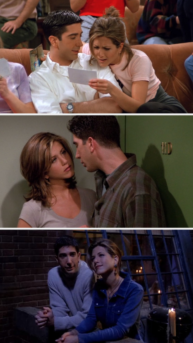 Ross looking at Rachel in the coffee house with love; Rachel looking at Ross in his apartment building hallway; Ross looking at Rachel on her balcony during the blackout