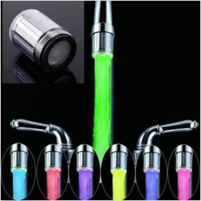 Various colours of LED lights, such as green, purple, blue, pink, etc., changing the colour of the water flowing from the tap.