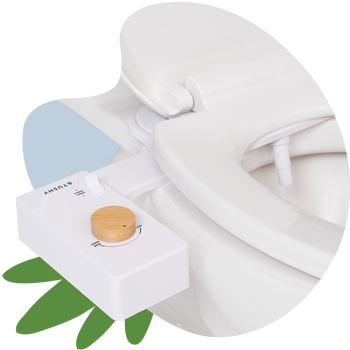 the white bidet with wood knob on a toilet, installed under the seat