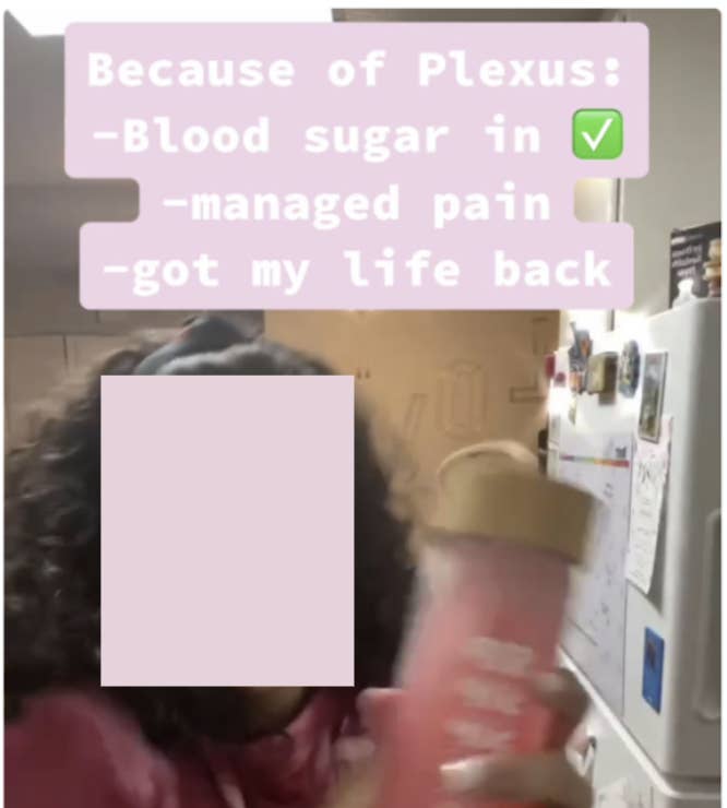 A frame from a TikTok post with the text "Because of Plexus: Blood sugar in ✓, managed pain, got my life back"