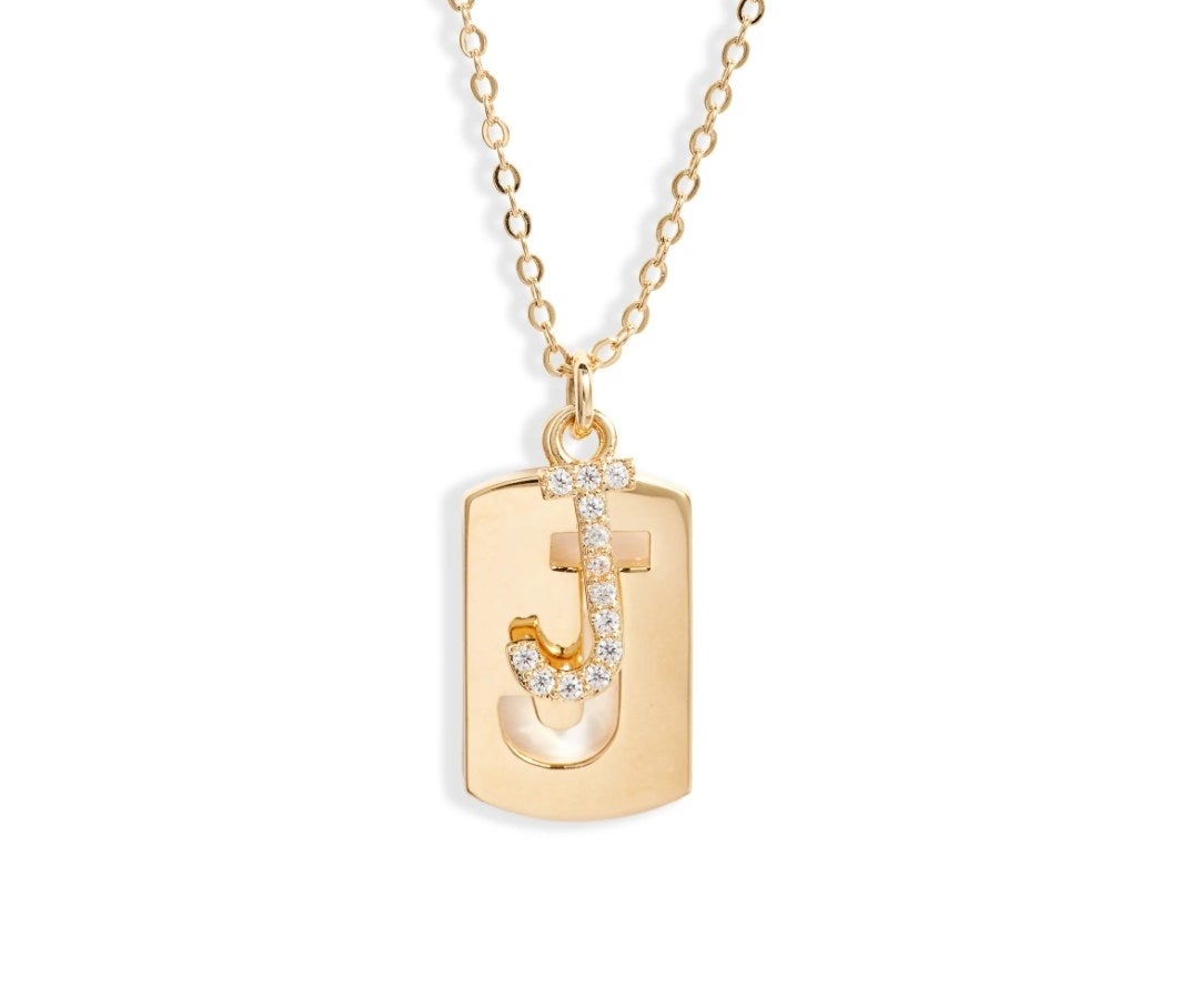 the initial dog tag pendant necklace in gold J