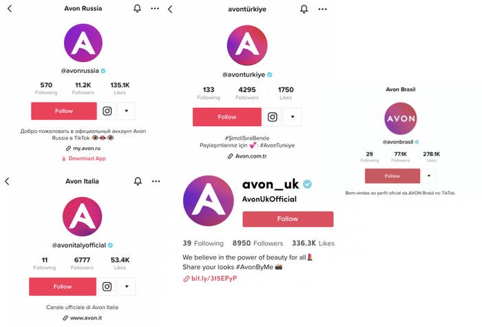 Verified TikTok accounts for the Avon brand