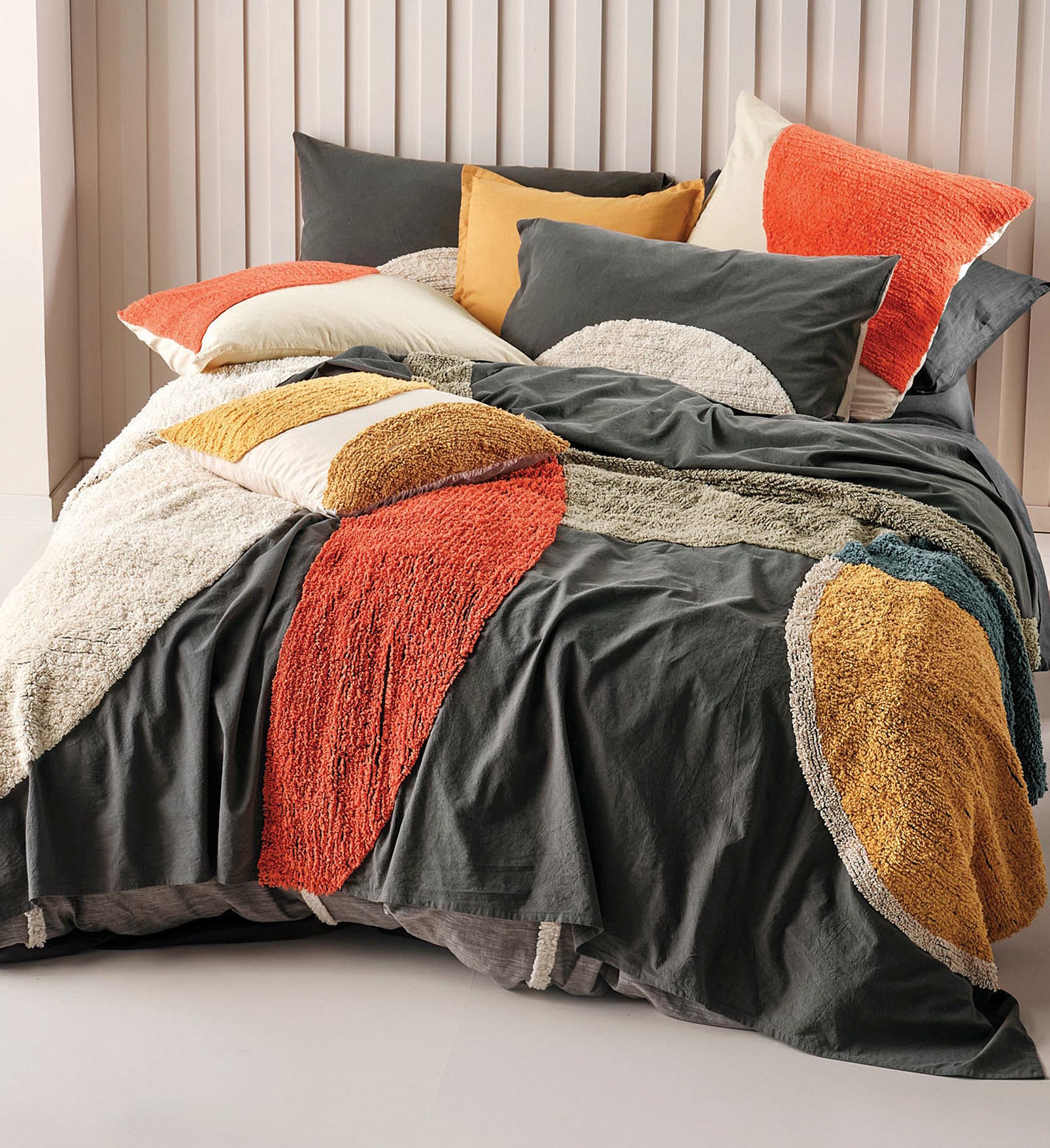 a textured duvet cover set on a comfy bed