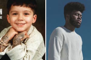 A baby photo of Zayn Mailk with his current tattoos photoshopped on his arms and Khalid looks down forlornly while wearing a white sweater.